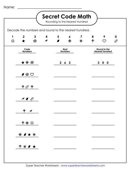 Nearest Hundred (3 and 4-Digit Numbers) - Secret Code Math: Rounding (Nearest 100) (Printable PDF Worksheet)
