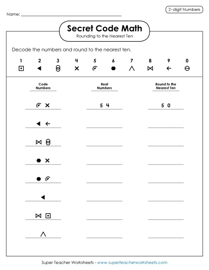 Nearest Ten 2-Digit Numbers - Secret Code Math: Rounding to Nearest 10 (Printable PDF Worksheet)