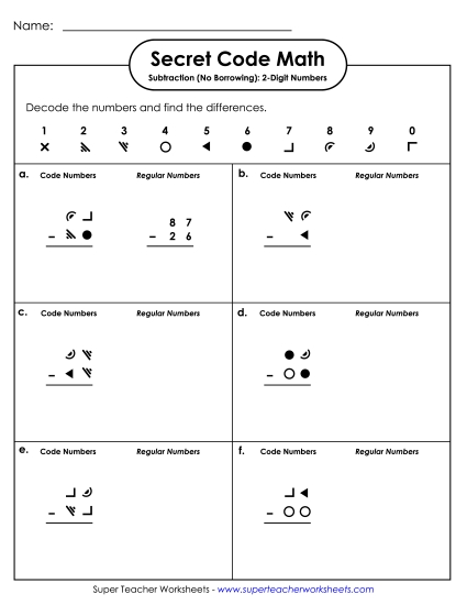 Subtraction Worksheets (No Borrowing) - Secret Code Math Subtract: No Regroup (Printable PDF Worksheet)