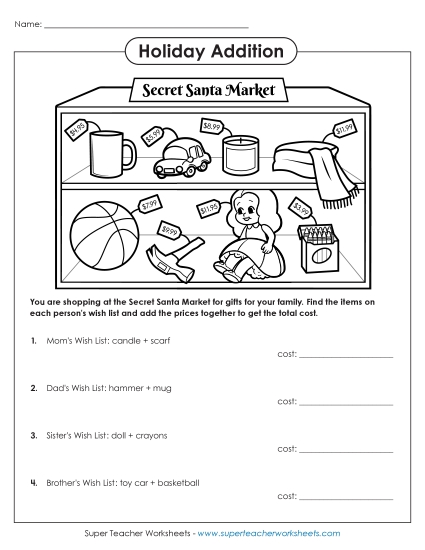 Adding Money - Secret Santa Addition (Money) (Printable PDF Worksheet)