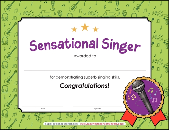 Music Awards - Sensational Singer Award (Printable PDF Worksheet)