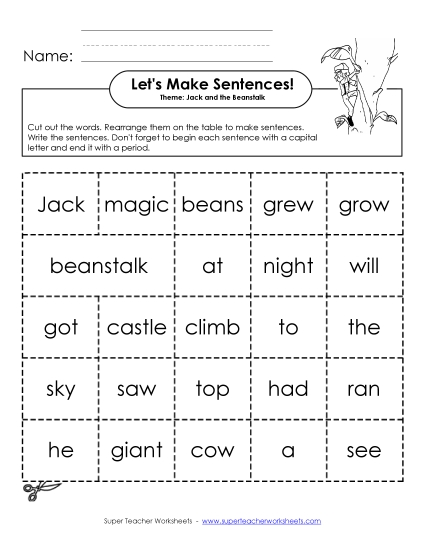 Building Sentences - Sentence Cards: Jack and the Beanstalk (Printable PDF Worksheet)