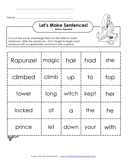 Building Sentences - Sentence Cards: Rapunzel (Printable PDF Worksheet)