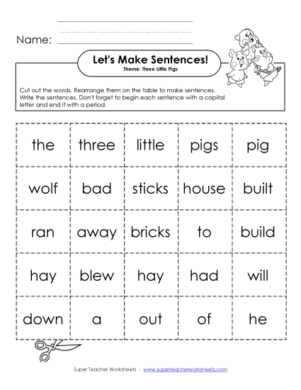 Building Sentences - Sentence Cards: Three Little Pigs (Printable PDF Worksheet)