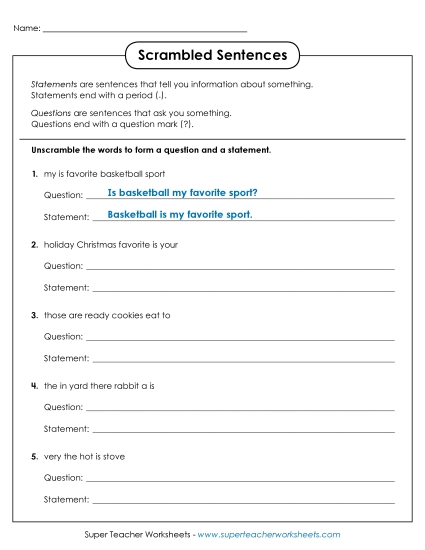 Periods, Question Marks, Exclamation Points - Sentence Scramble (Printable PDF Worksheet)