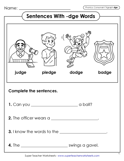 Worksheets - Sentences with -dge Words  (Printable PDF Worksheet)
