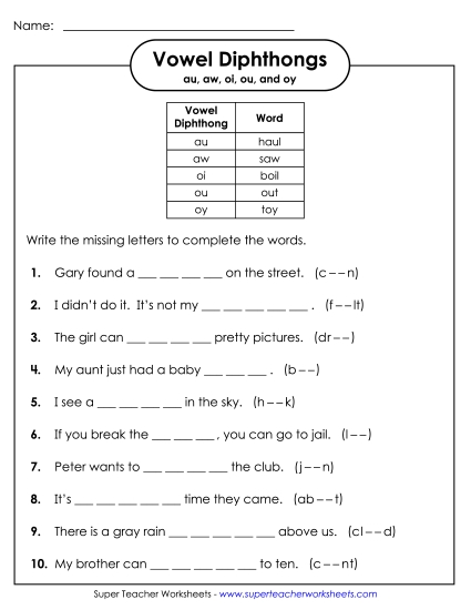 Worksheets - Sentences With Mixed Diphthongs  (Printable PDF Worksheet)