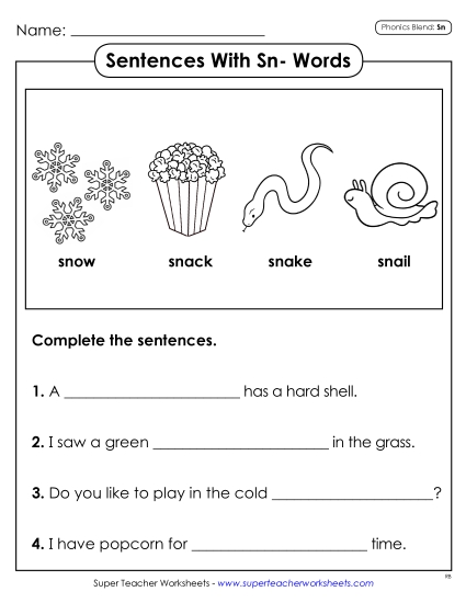 Worksheets - Sentences with Sn- Words (Printable PDF Worksheet)