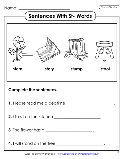 Worksheets - Sentences With ST Words (Printable PDF Worksheet)