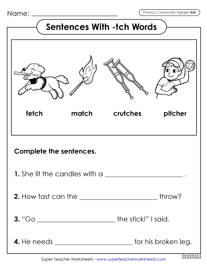 Worksheets - Sentences with -tch Words (Printable PDF Worksheet)