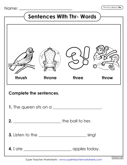 Worksheets - Sentences with Thr- Words (Printable PDF Worksheet)