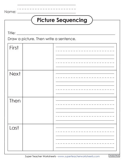 Graphic Organizers - Sequencing Boxes with Drawing  First, Next, Then, and Last (Printable PDF Worksheet)