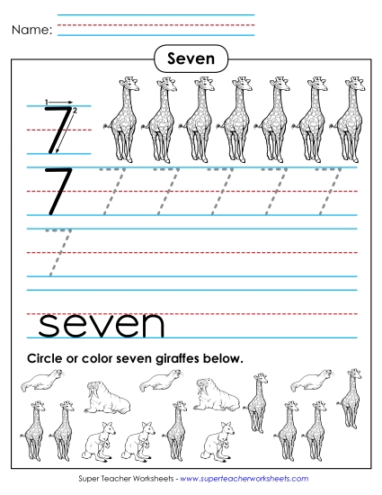 Number Seven - Seven: Trace, Print, Count (Printable PDF Worksheet)