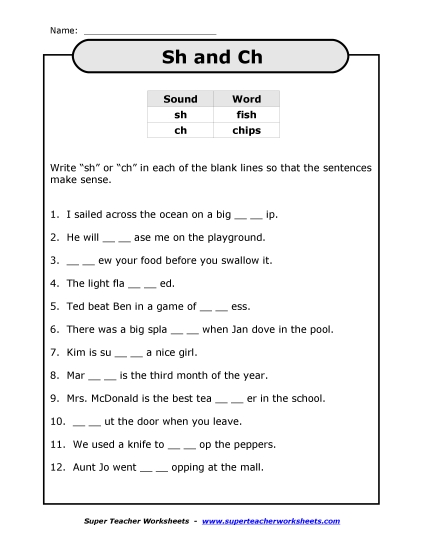 Ch and Sh Mixed - Sh - Ch Sentences (Printable PDF Worksheet)