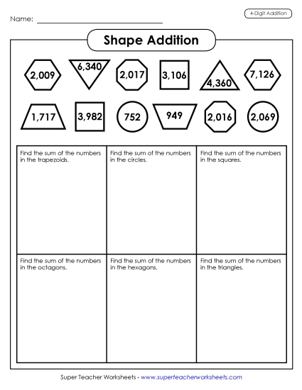 4-Digit Addition - Shape Addition (4-Digit) (Printable PDF Worksheet)