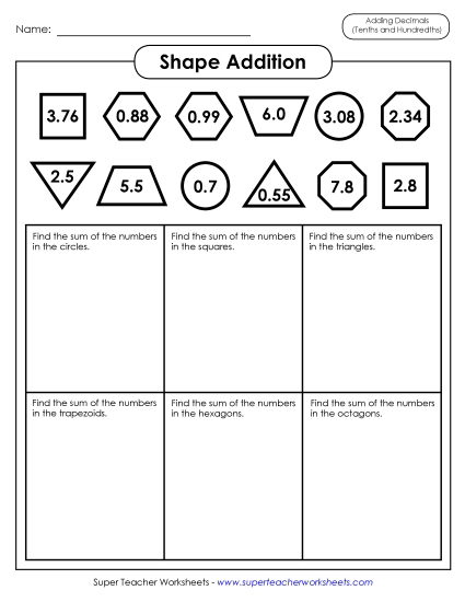 Hundredths - Shape Addition (Decimals; Tenths & Hundredths) (Printable PDF Worksheet)