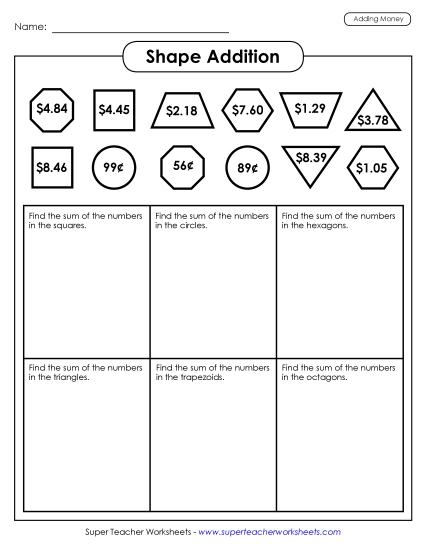 Adding Money - Shape Addition (Money) (Printable PDF Worksheet)