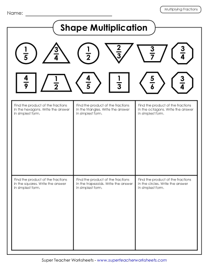 Multiplying Fractions - Shape Fraction Multiplication (Printable PDF Worksheet)