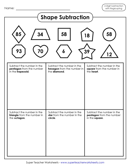 2-Digit Subtraction Worksheets - Shape Math:  2-Digit Subtraction (Printable PDF Worksheet)