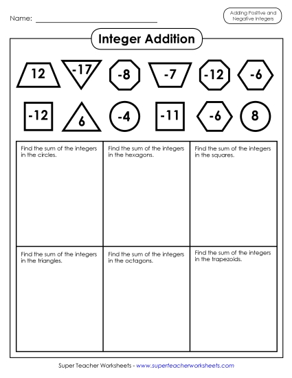 Adding Integers - Shape Math: Adding Integers (Printable PDF Worksheet)
