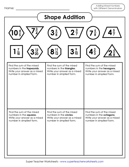 Adding Mixed Numbers: Different Denominators - Shape Math (Mixed Numbers; Unlike Denominators) (Printable PDF Worksheet)