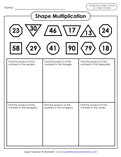 2-Digit Times 2-Digit Worksheets - Shape Multiplication (2-Digit by 2-Digit Numbers) (Printable PDF Worksheet)