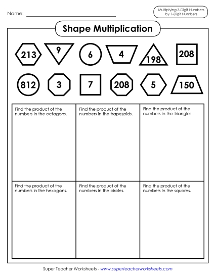 3-Digit Times 1-Digit Printables - Shape Multiplication (3-Digit Times 1-Digit Numbers) (Printable PDF Worksheet)