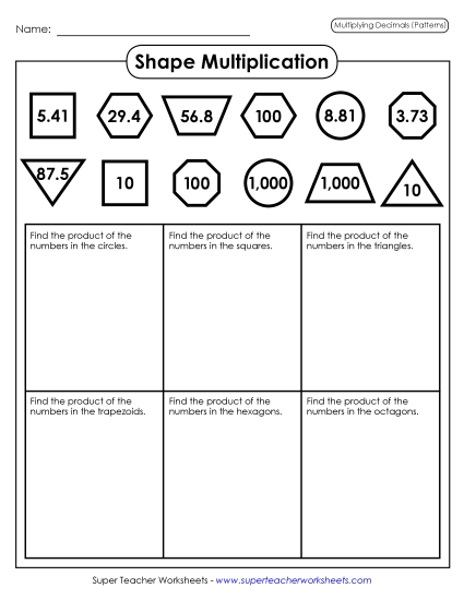 Decimal Multiplication Patterns - Shape Multiplication (Decimal Patterns) (Printable PDF Worksheet)