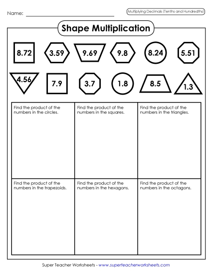 Multiplying Decimals By 2-Digit Numbers - Shape Multiplication (Tenths & Hundredths) (Printable PDF Worksheet)