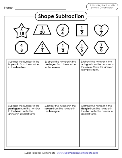 Subtracting Fractions: Different Denominators - Shape Subtraction Different Denominators (Printable PDF Worksheet)