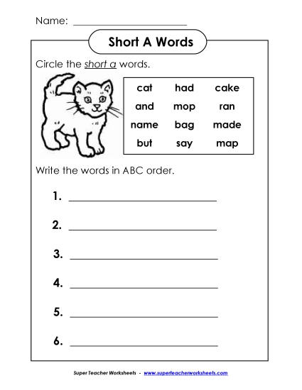 Worksheets - Short A - ABC Order (Printable PDF Worksheet)