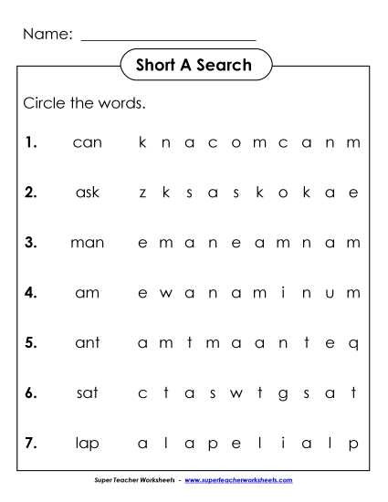 Worksheets - Short A: Horizontal Word Hunt (Printable PDF Worksheet)