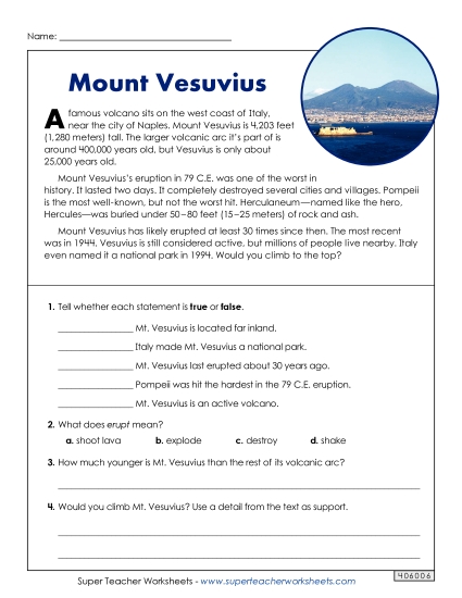 Reading Comprehension - Short Article: Mt. Vesuvius (Printable PDF Worksheet)