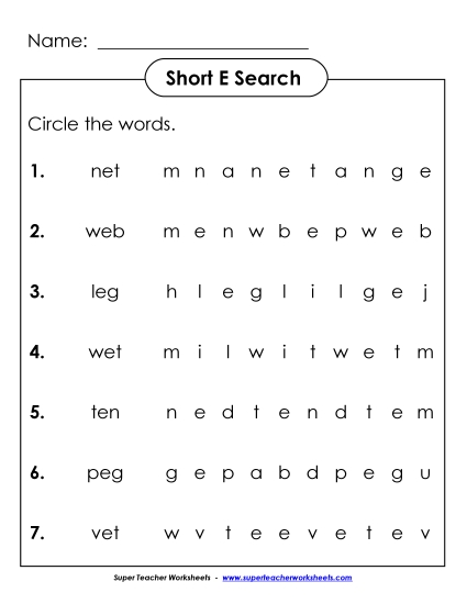 Worksheets - Short E: Horizontal Word Hunt (Printable PDF Worksheet)