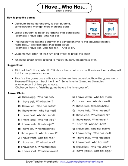 Phonics - Short E Words (Printable PDF Worksheet)