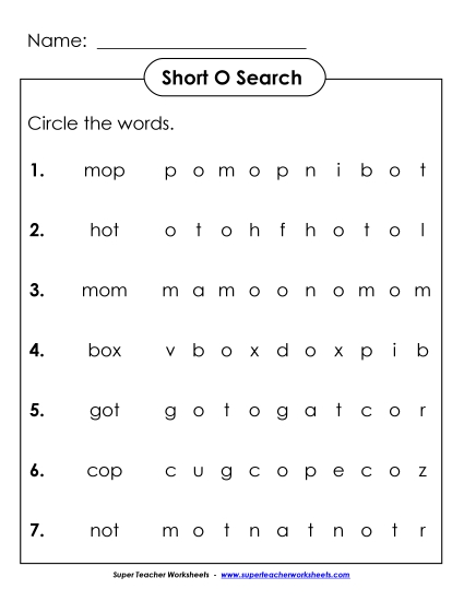 Worksheets - Short O: Horizontal Word Hunt (Printable PDF Worksheet)