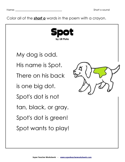 Worksheets - Short O Poem: "Spot" (Printable PDF Worksheet)