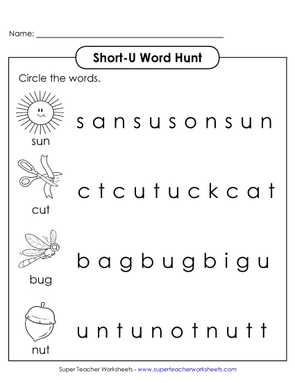 Worksheets - Short U: Horizontal Word Hunt (Illustrated) (Printable PDF Worksheet)