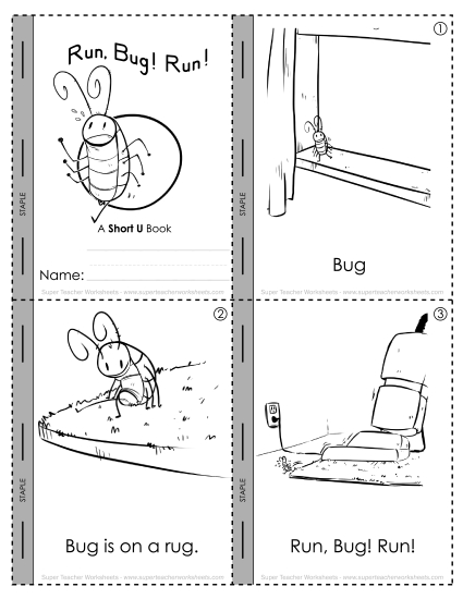 Cut & Glue Activities - Short U Mini-Book : Run Bug! Run! (Printable PDF Worksheet)