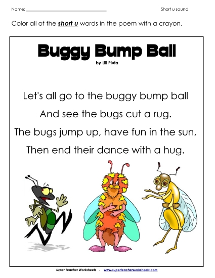 Worksheets - Short U Poem: "Buggy Bump Ball" (Printable PDF Worksheet)