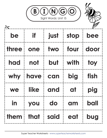 Worksheets - Sight Word Bingo (Unit 15) (Printable PDF Worksheet)