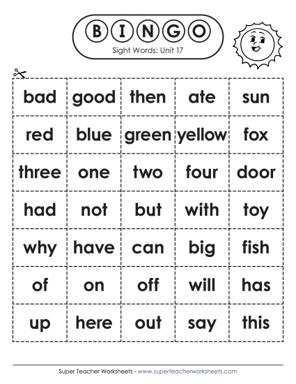 Worksheets - Sight Word Bingo (Unit 17) (Printable PDF Worksheet)