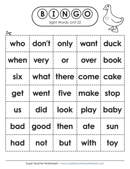 Worksheets - Sight Word Bingo (Unit 22) (Printable PDF Worksheet)