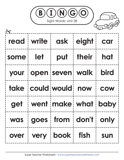 Worksheets - Sight Word Bingo (Unit 28) (Printable PDF Worksheet)