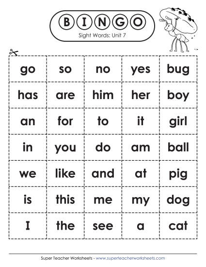 Worksheets - Sight Word Bingo (Unit 7) (Printable PDF Worksheet)