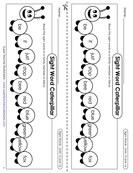 Worksheets - Sight Word Caterpillar: Units 15 and 16 (Printable PDF Worksheet)