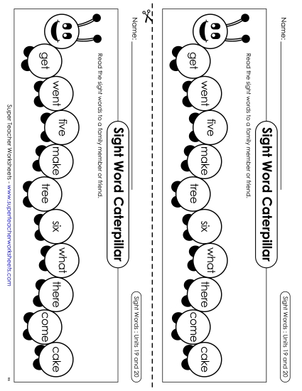 Word List - Sight Word Caterpillar: Units 19 and 20 (Printable PDF Worksheet)