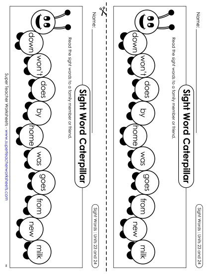Worksheets - Sight Word Caterpillar: Units 23 and 24 (Printable PDF Worksheet)