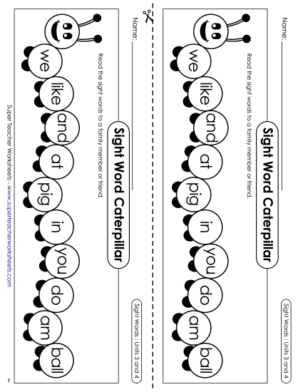 Worksheets - Sight Word Caterpillar: Units 3 and 4 (Printable PDF Worksheet)