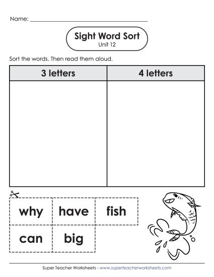 Worksheets - Sight Word Sort (Unit 12) (Printable PDF Worksheet)
